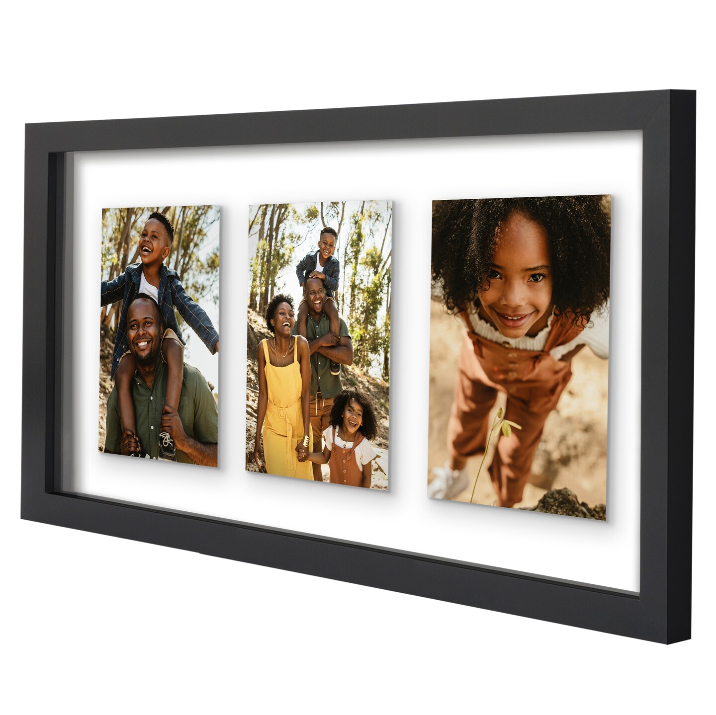 Americanflat Floating Collage Frame - Displays Three Photos with Floating Effect - Shatter Resistant Glass - Hanging Hardware for Horizontal or Verticle Display