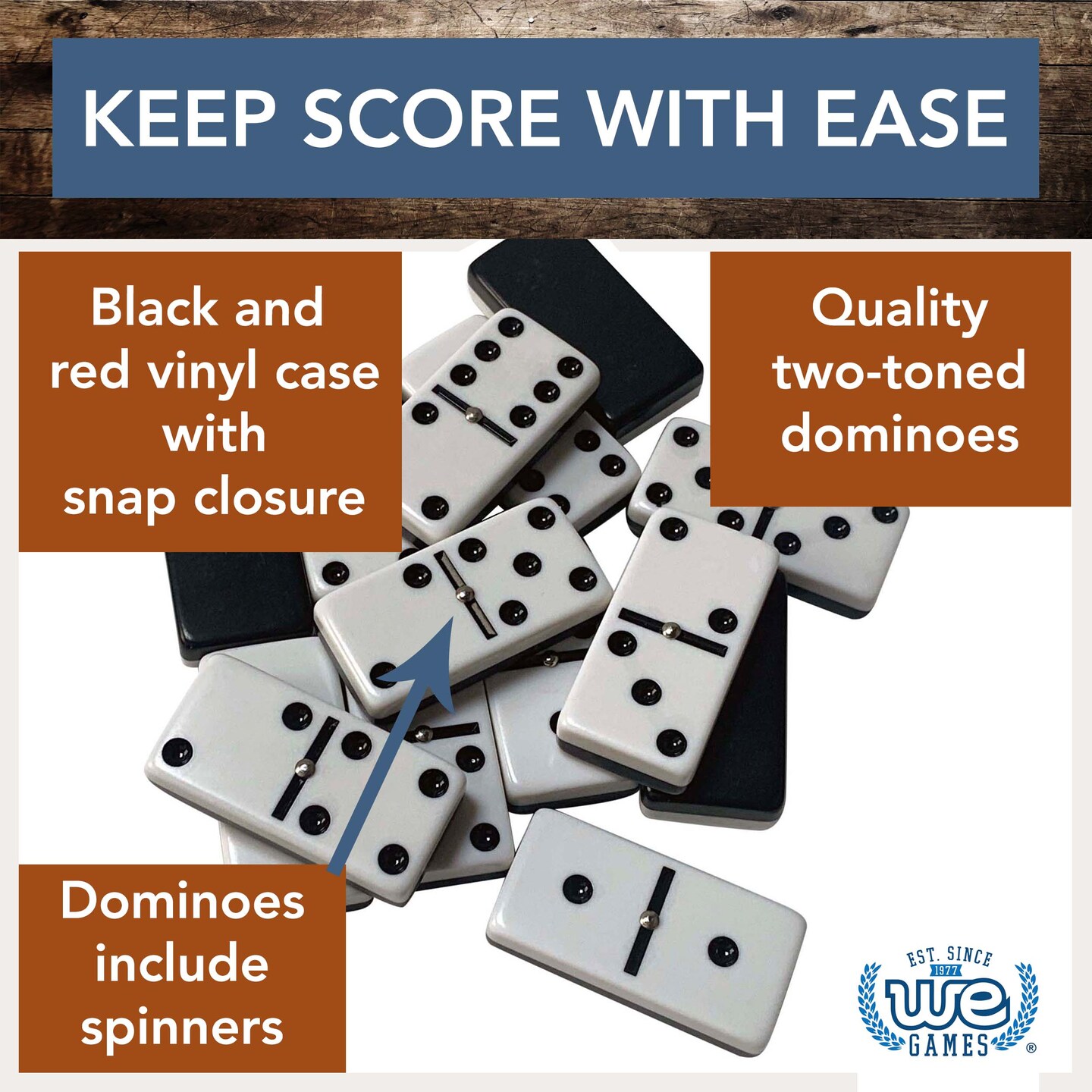 WE Games Two-Toned Black &#x26; White Double 6 Dominoes with Spinners - Club Size
