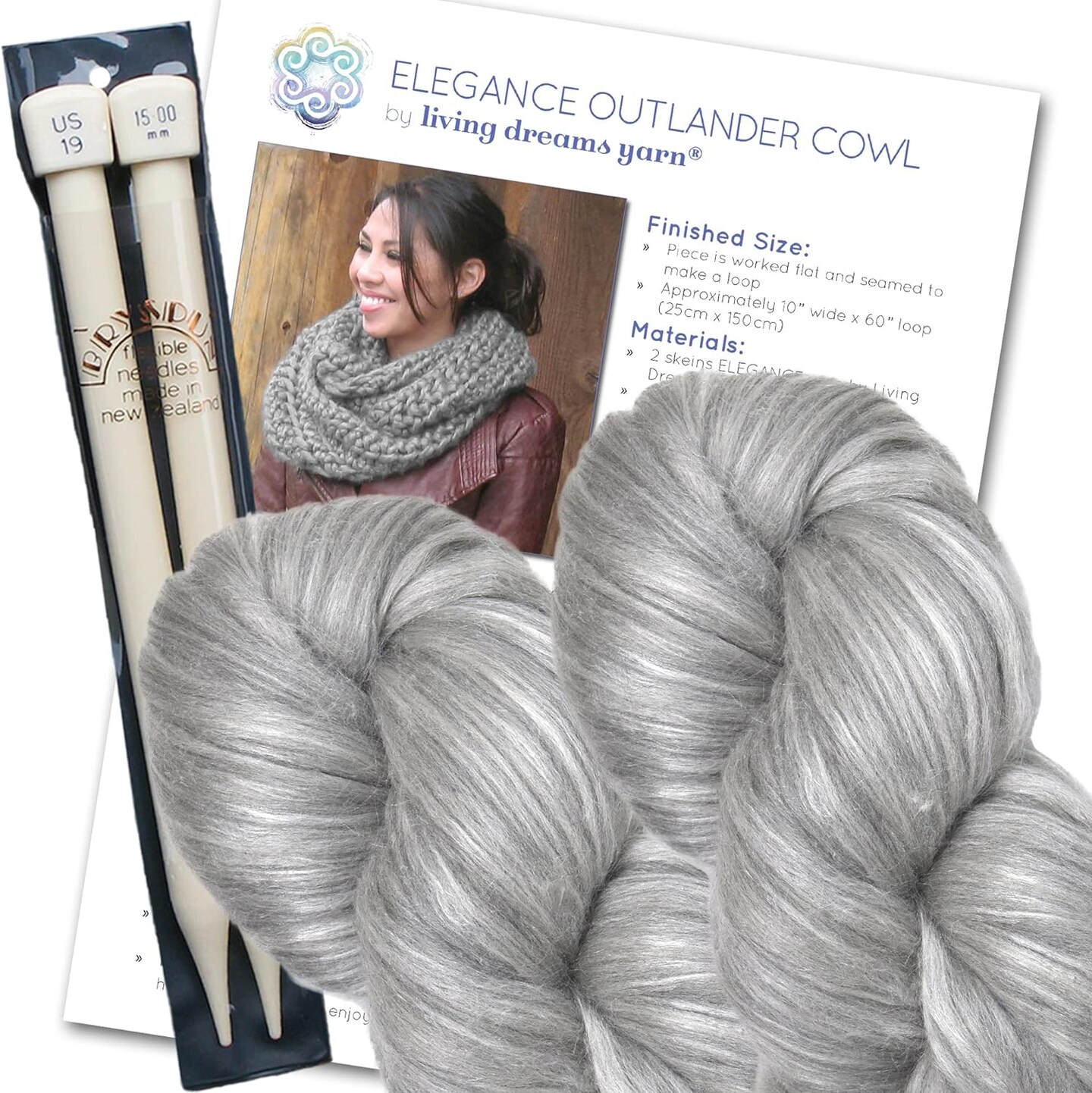 COWL KNITTING KIT: Super Soft Merino Silk Yarn + Large #19 needles + Written Pattern w/ Photo Tutorial. Gift for Knitters.