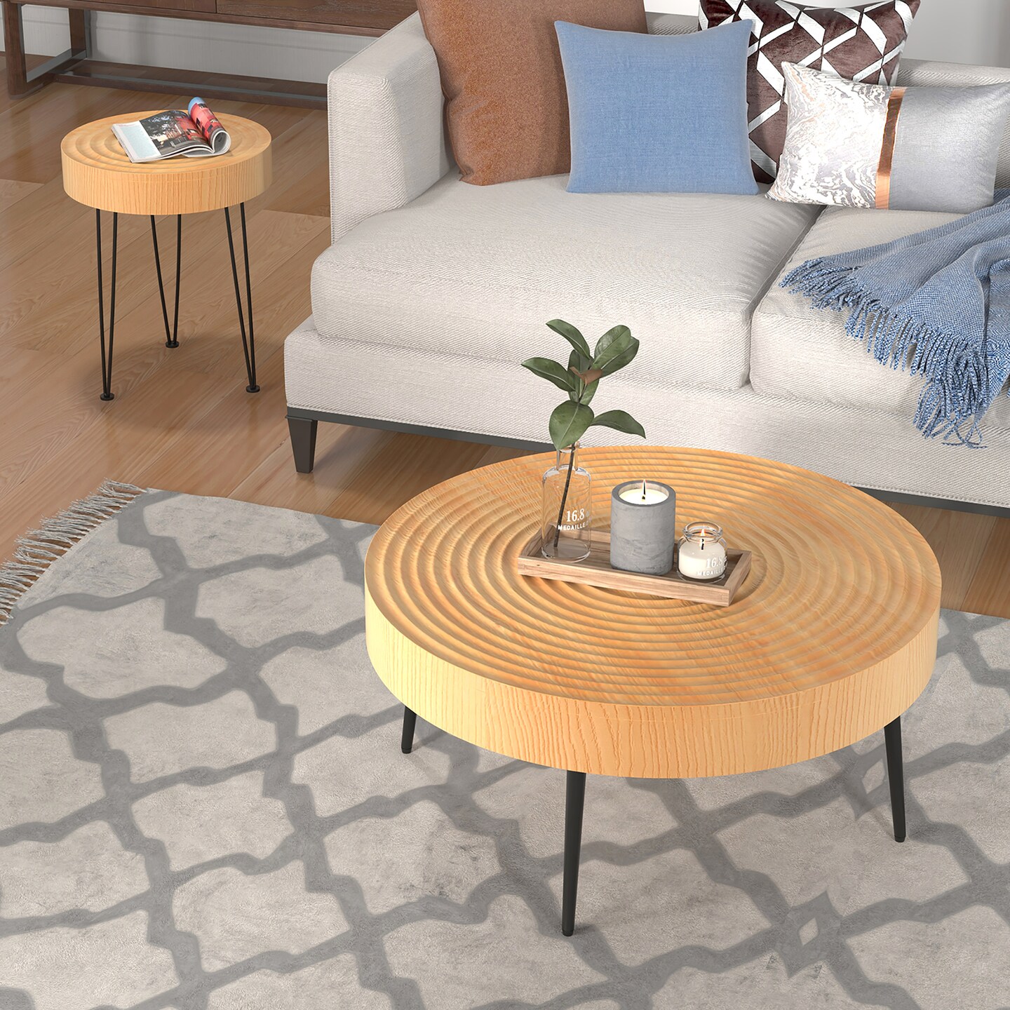 Costway Farmhouse Round CoffeeTable Set of 2 End Table Natural Finish for Living Room Brown/Natural