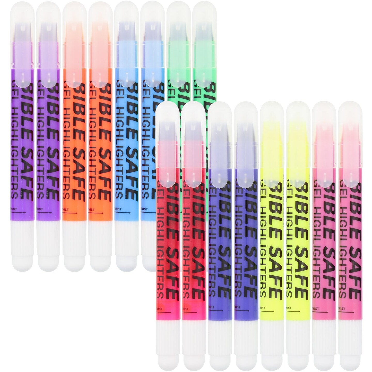 Bible Safe Gel Highlighters, Pack of 16 - 2 Sets of 8 Bright Neon Fluorescent Highlight Colors Yellow, Orange, Pink, Blue - Won&#x27;t Bleed, Fade or Smear
