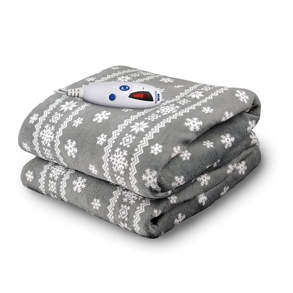 Pure Warmth Microplush Electric Heated Warming Throw Blanket Grey Snowflake Washable Auto Shut Off 6 Heat