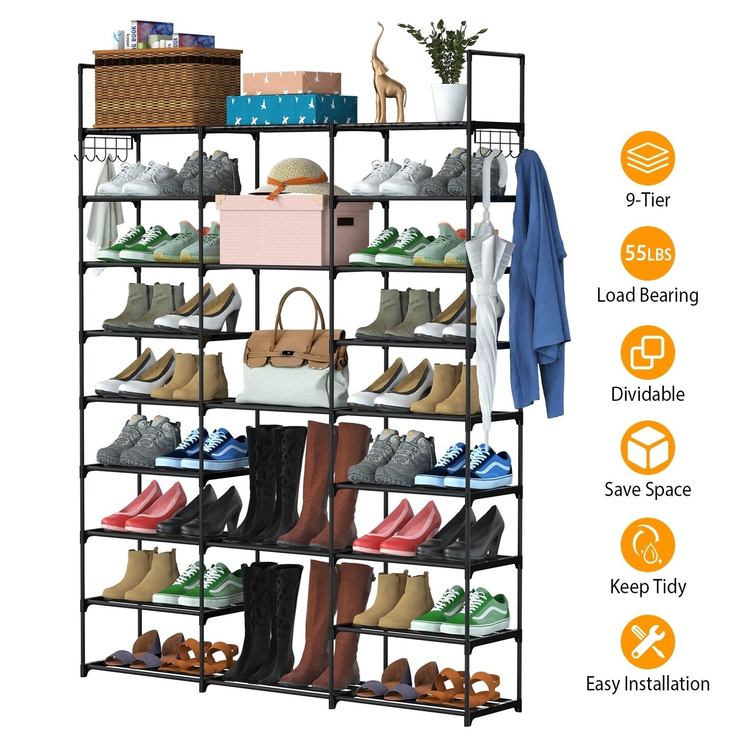 9 Tier Metal Shoe Rack Black Freestanding Storage Shelf Organizer 50 Pairs