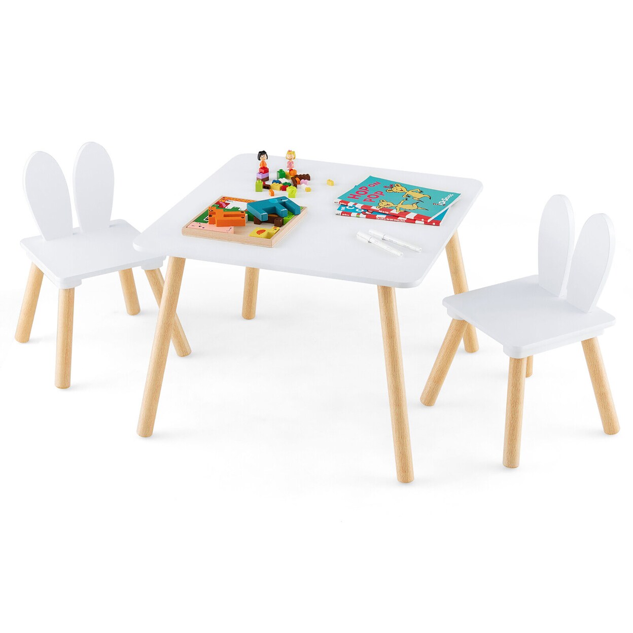 3 Pieces Kids Table And Chairs Set Children Wooden Furniture Set W/Solid Wood Legs