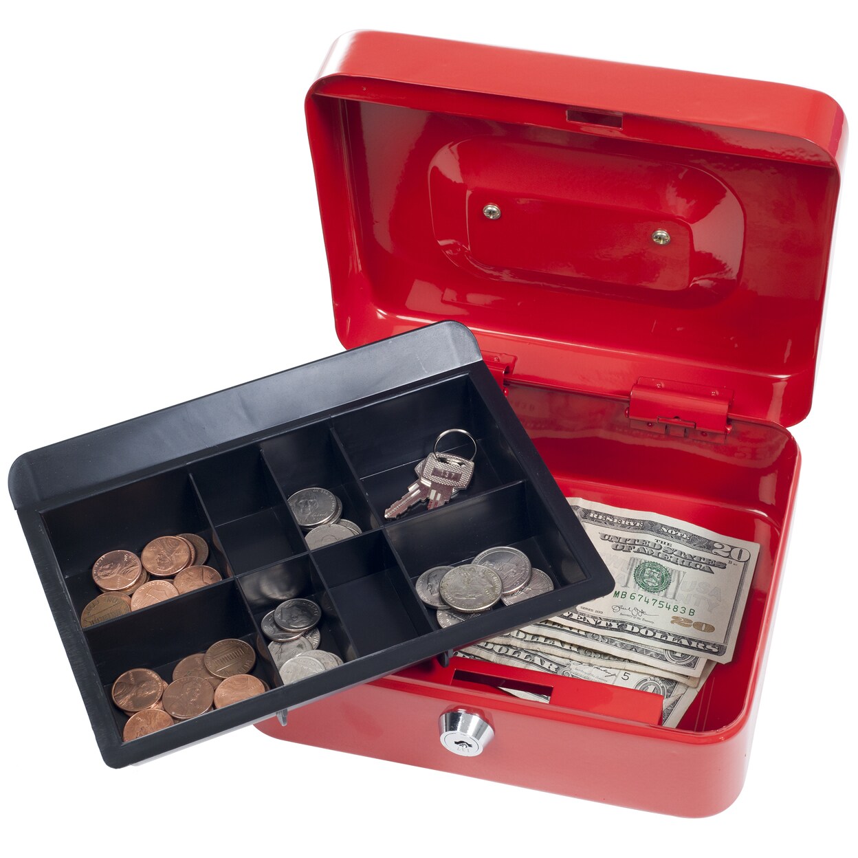 Stalwart Lockbox Safe with Coin Compartment Tray- Secure Coated Metal Cash Box Safe Red