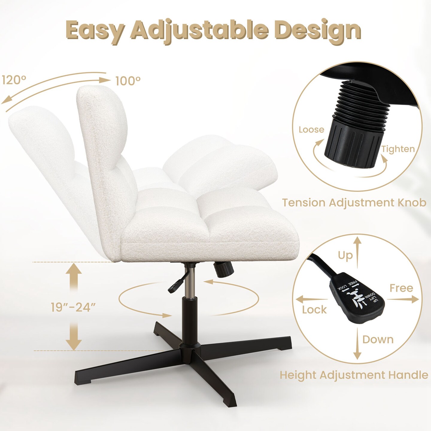 Costway Armless Office Desk Chair Modern Swivel Vanity Chair with Adjustable Height Grey/Brown/Beige