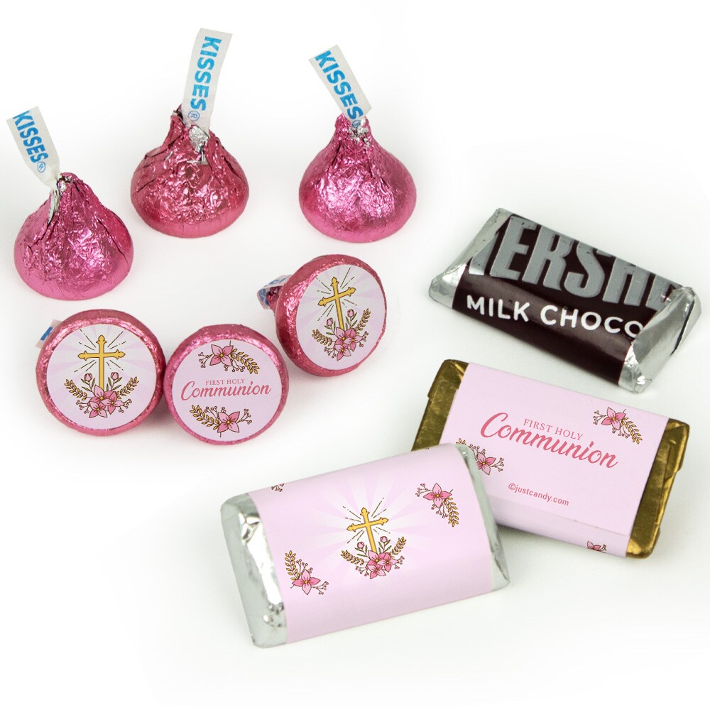 Girl 1st Holy Communion Candy Party Favors (Choose 100 Pcs Milk Chocolate Hershey&#x27;s Kisses, 40 Pcs Wrapped Miniatures or Both) - Pink
