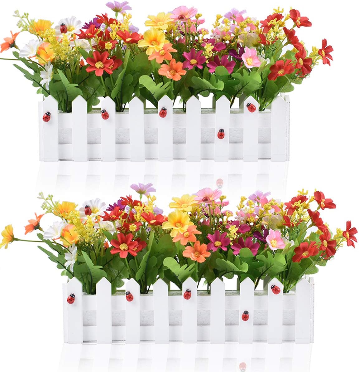 Daisy Dreams: Mixed Color Artificial Flower Plants in Picket Fence Pots - Set of 2