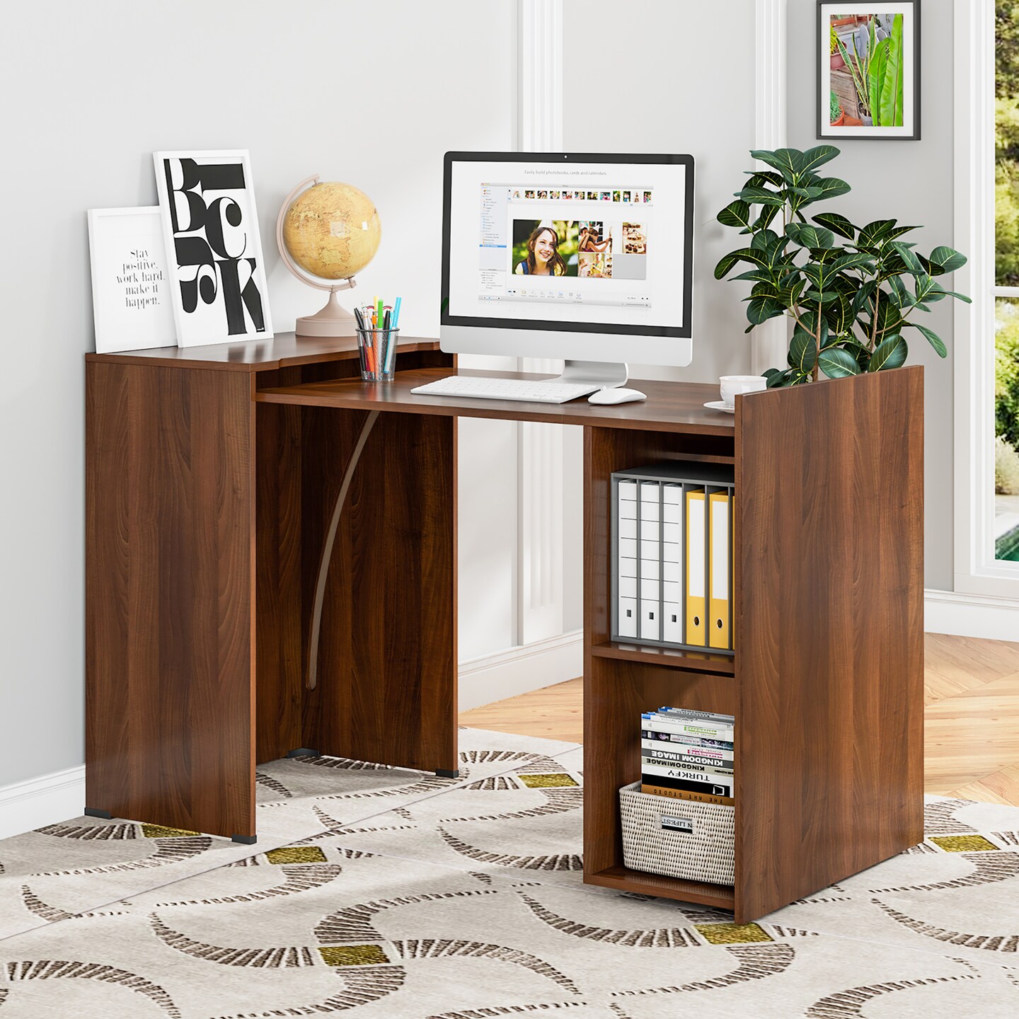 Costway Extendable Computer Desk Reversible Study Writing Desk w/ Mobile Shelves Natural/Brown