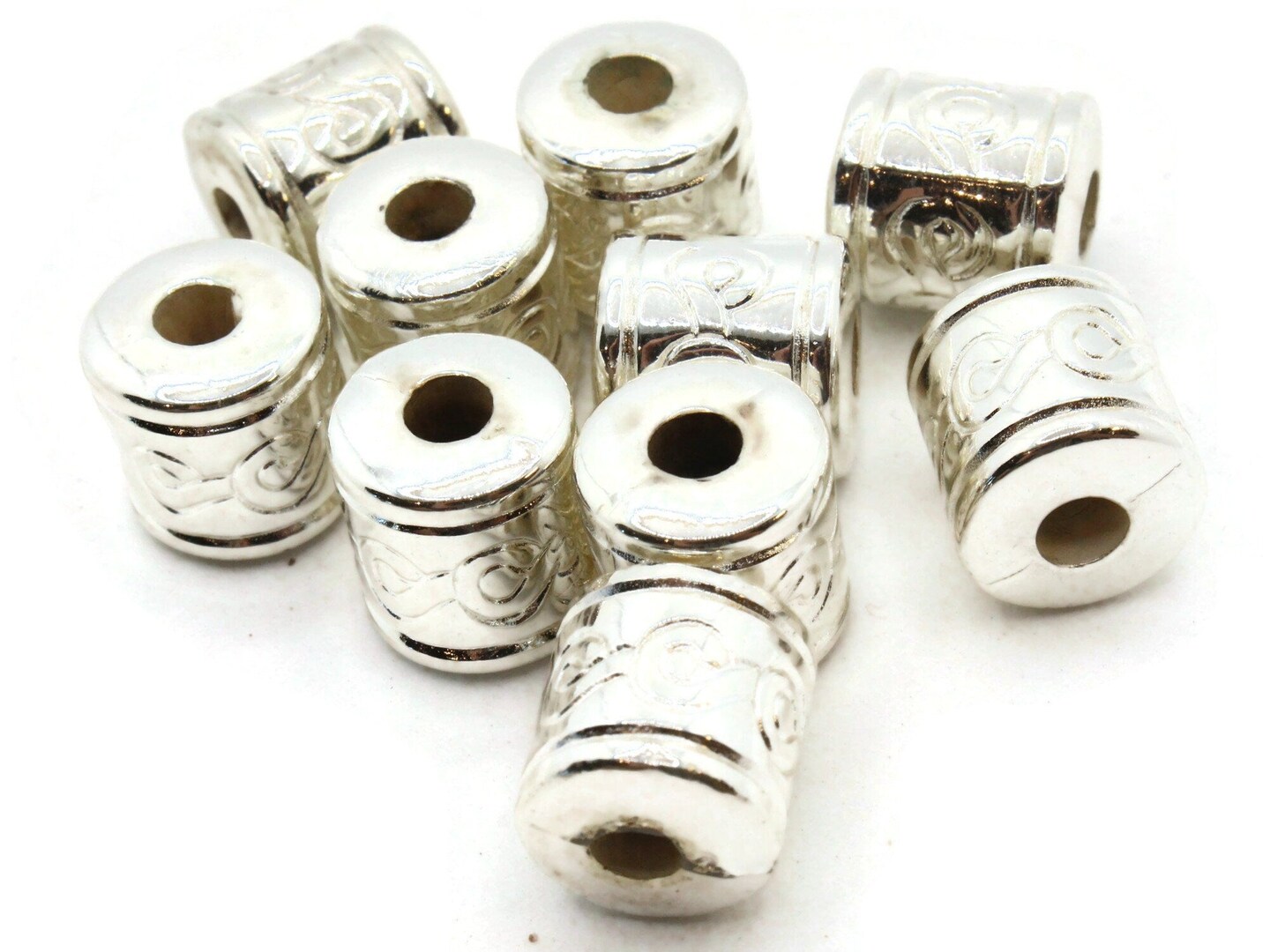 10 12mm Patterned Vintage Silver Plated Plastic Tube Beads