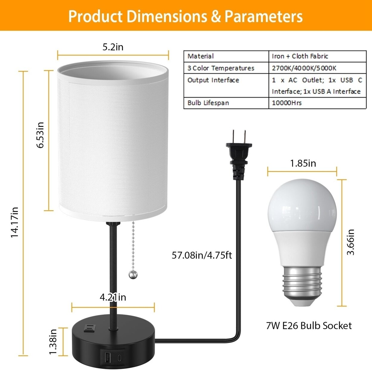 2Pcs Beside Lamps For Bedroom 3 Color Modes Nightstand Lamp Usb C A Ac Output Ports Pull Chain E26 Bulb Light
