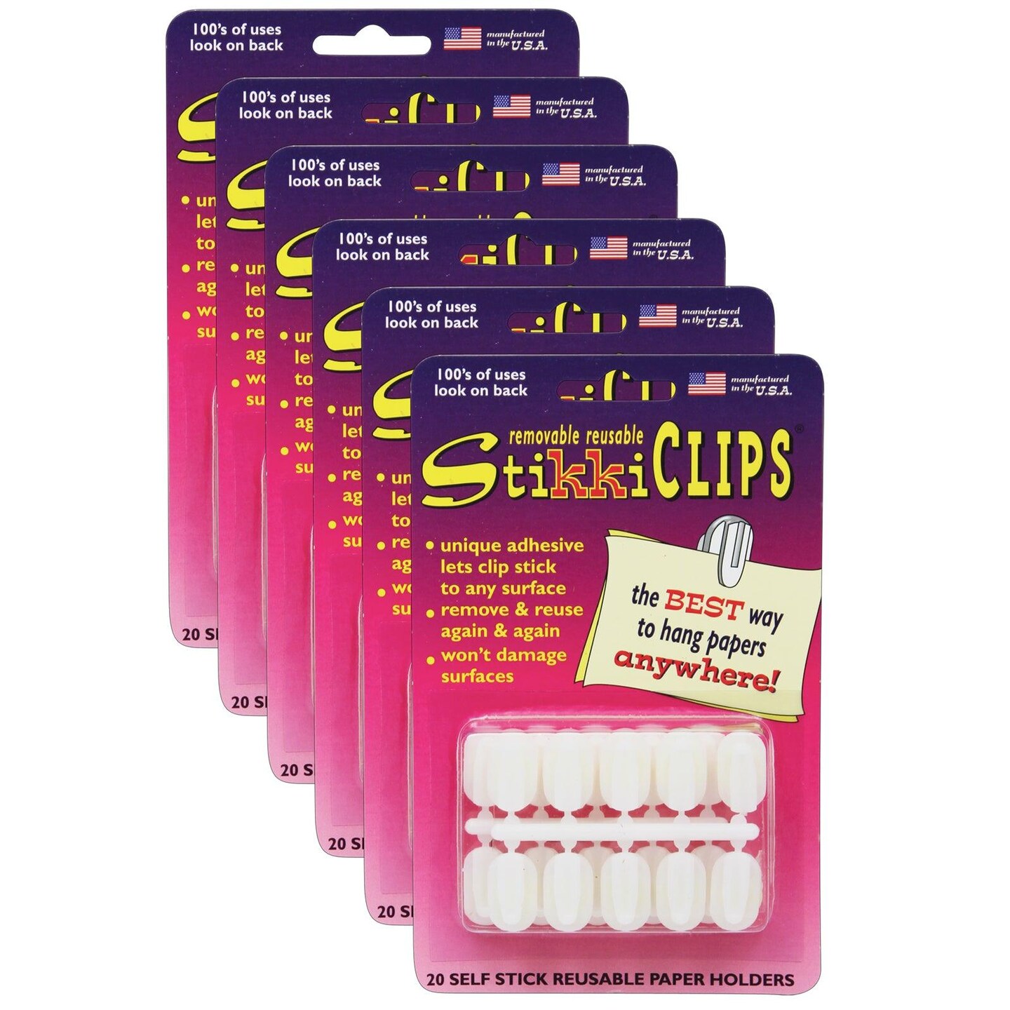 StikkiCLIPS&#x2122; Adhesive Clips, White, 20 Per Pack, 6 Packs