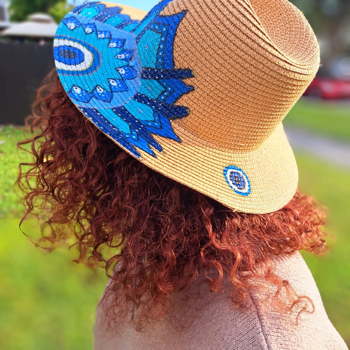 Boho Blue Mandala Straw Hat – Handcrafted with Turkish Eye  display picture 2