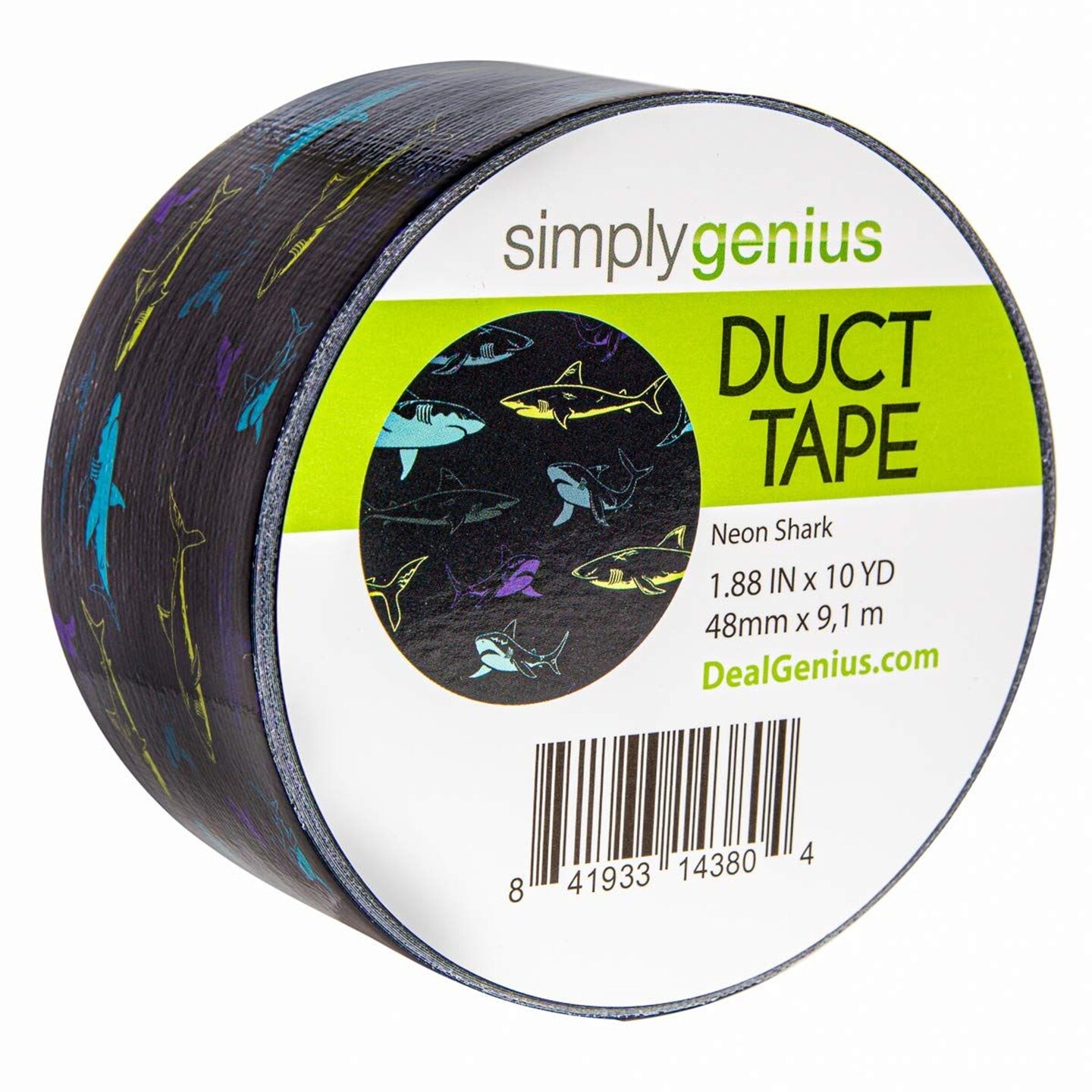 Simply Genius Pattern Duct Tape Heavy Duty - Craft Supplies for Kids &#x26; Adults - Colored Duct Tape - Single Roll 1.8 in x 10 yards - Colorful Tape for DIY, Craft &#x26; Home Improvement (Neon Shark)
