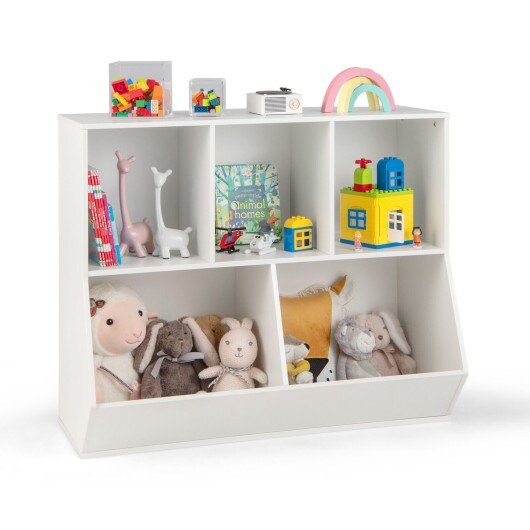 5-Cube Wooden Kids Bookshelf Organizer with 3 Upper Cubes for Books and 2 Large Cubes for Toys