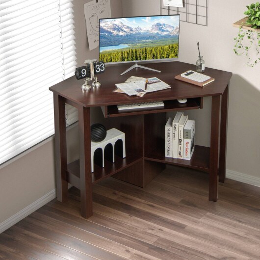 Wooden Study Computer Corner Desk with Drawer and Slide-Out Keyboard Tray