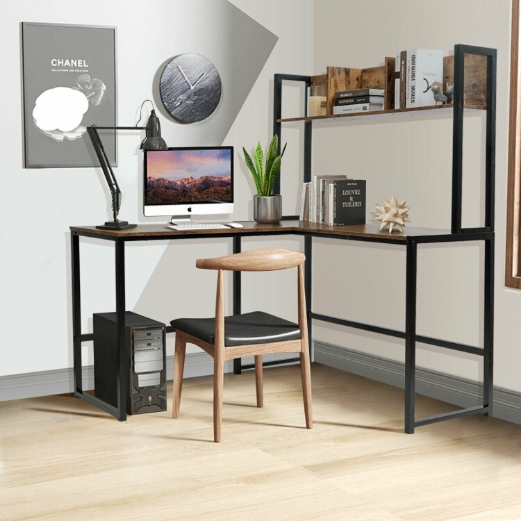 Reversible L-Shaped Corner Desk with Storage Bookshelf and Open Storage Hutch