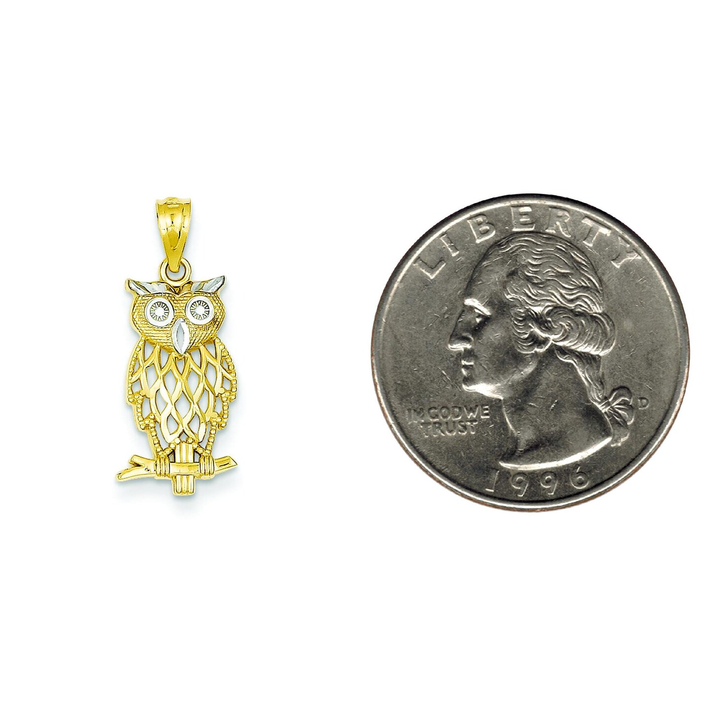 14K Two Tone Gold Owl Charm Night Bird Pendant Jewelry 24mm x 9mm