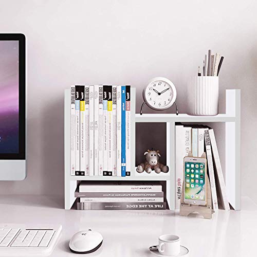 Desktop Organizer Office Storage Rack Adjustable Wood Display Shelf - Free Style Double H Display - True Natural Stand Shelf (White)