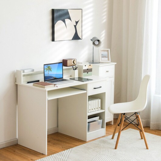 Modern Computer Desk with Large Drawer Pull-Out Keyboard Tray and Multi-Level Storage Shelf