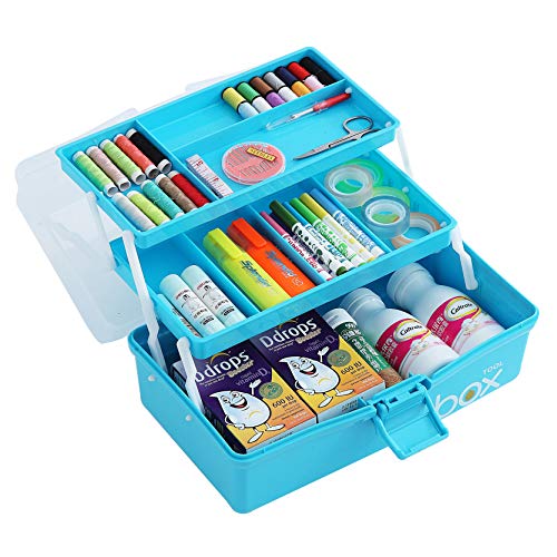 12'' Three-Layer Clear Plastic Craft Storage Box, Tool Box/Sewing Box Organizer, Art Storage Box with Handle (Light Blue)