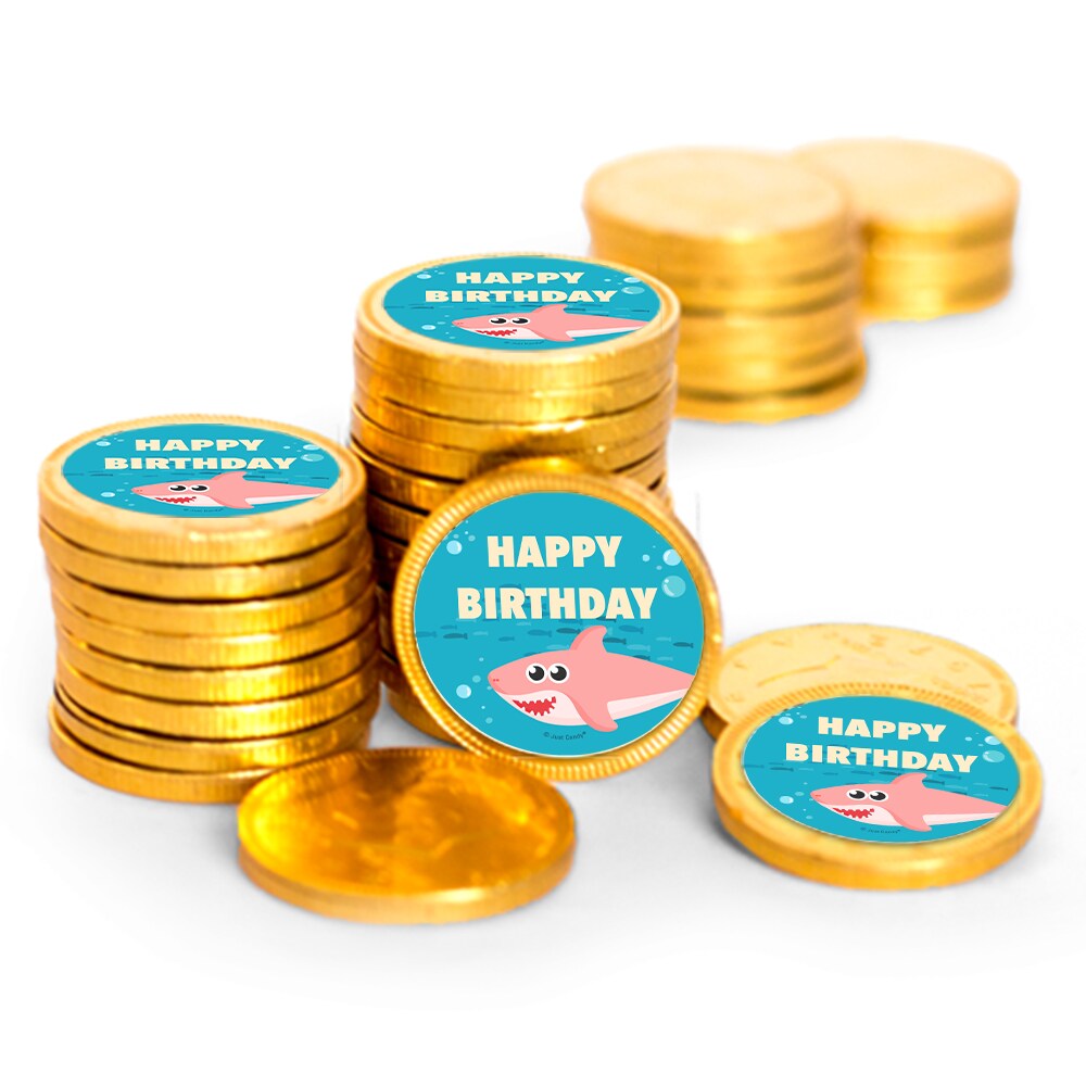 84 Pcs Pink Shark Kid&#x27;s Birthday Candy Party Favors Chocolate Coins with Gold Foil
