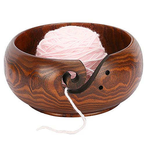 Wooden Yarn Bowl Holder Rosewood,Knitting Wool Storage Basket Round with Holes Handmade Craft Crochet Kit Organizer Perfect for Mother's Day(Wine Red)
