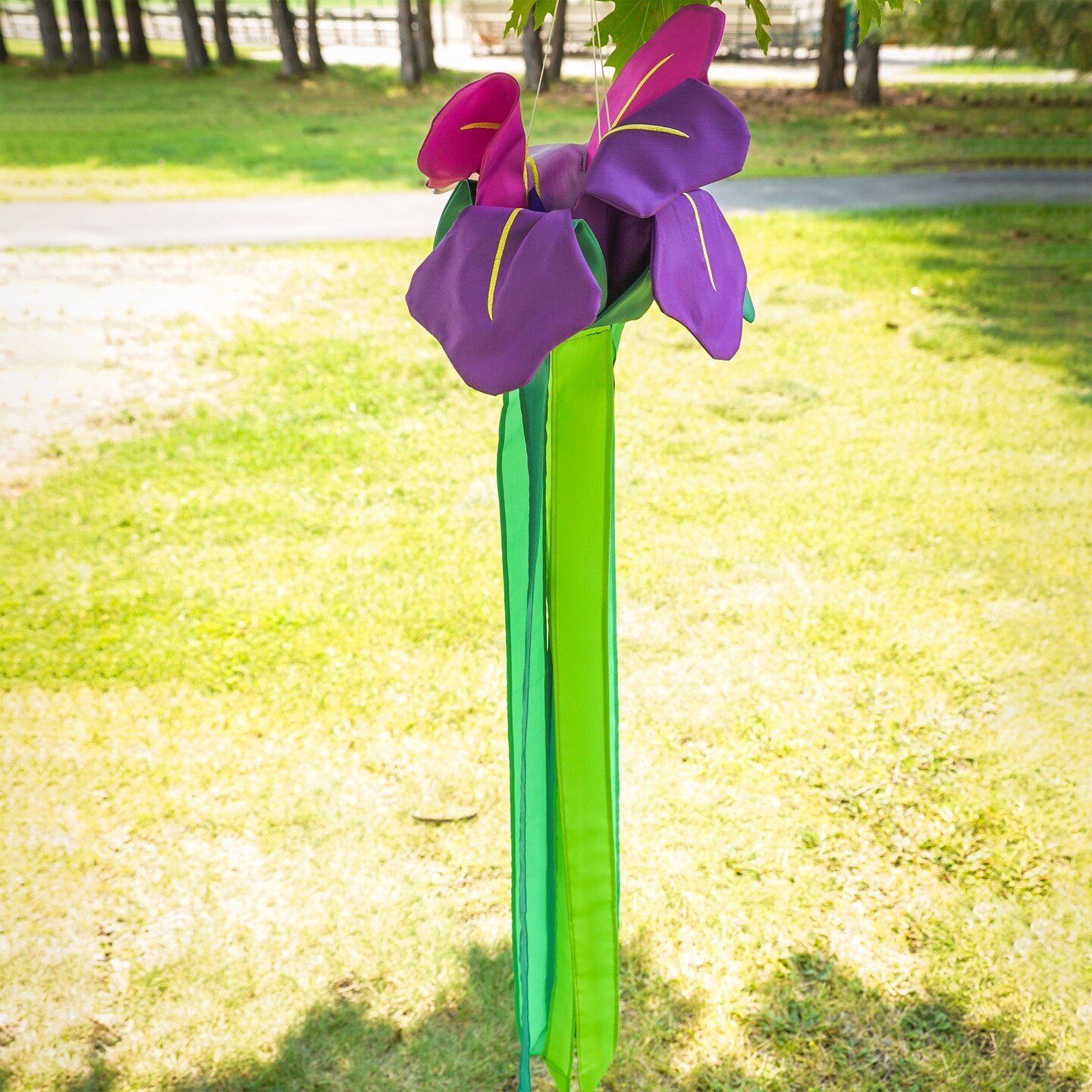 In the Breeze 5227 &#x2014; Iris Windtail &#x2014; Colorful 3D Purple Flower Windsock with Flowing Tails