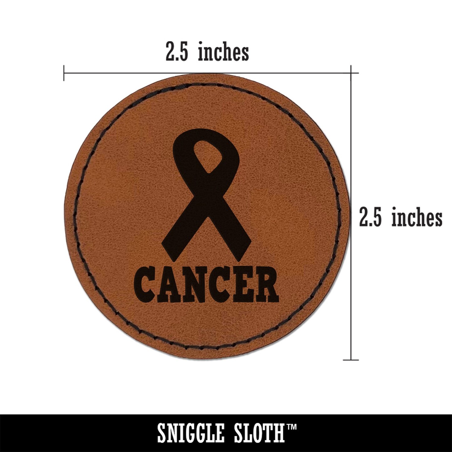Cancer with Awareness Ribbon Round Iron-On Engraved Faux Leather Patch Applique - 2.5&#x22;