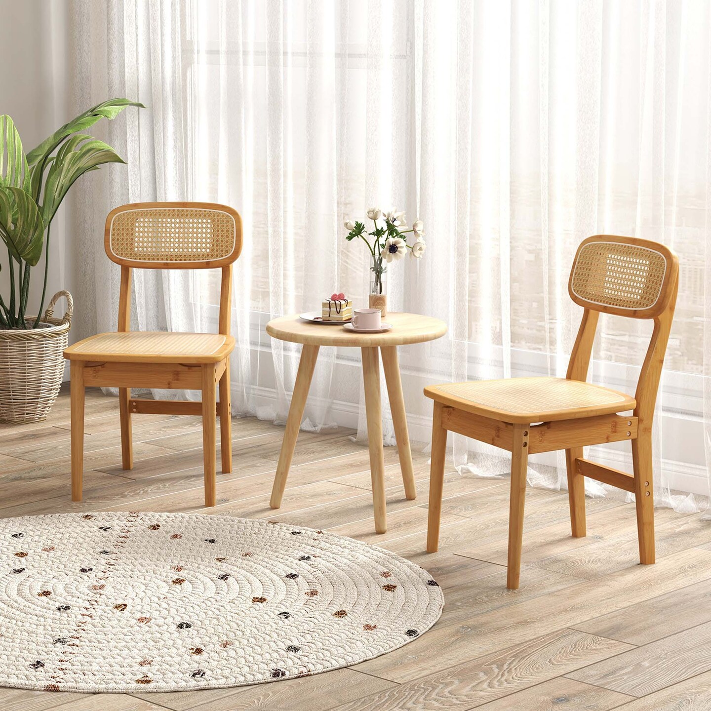 Costway Rattan Accent Chairs Set of 2 Bamboo Frame Cane Woven Backrest &Seat Dining Room