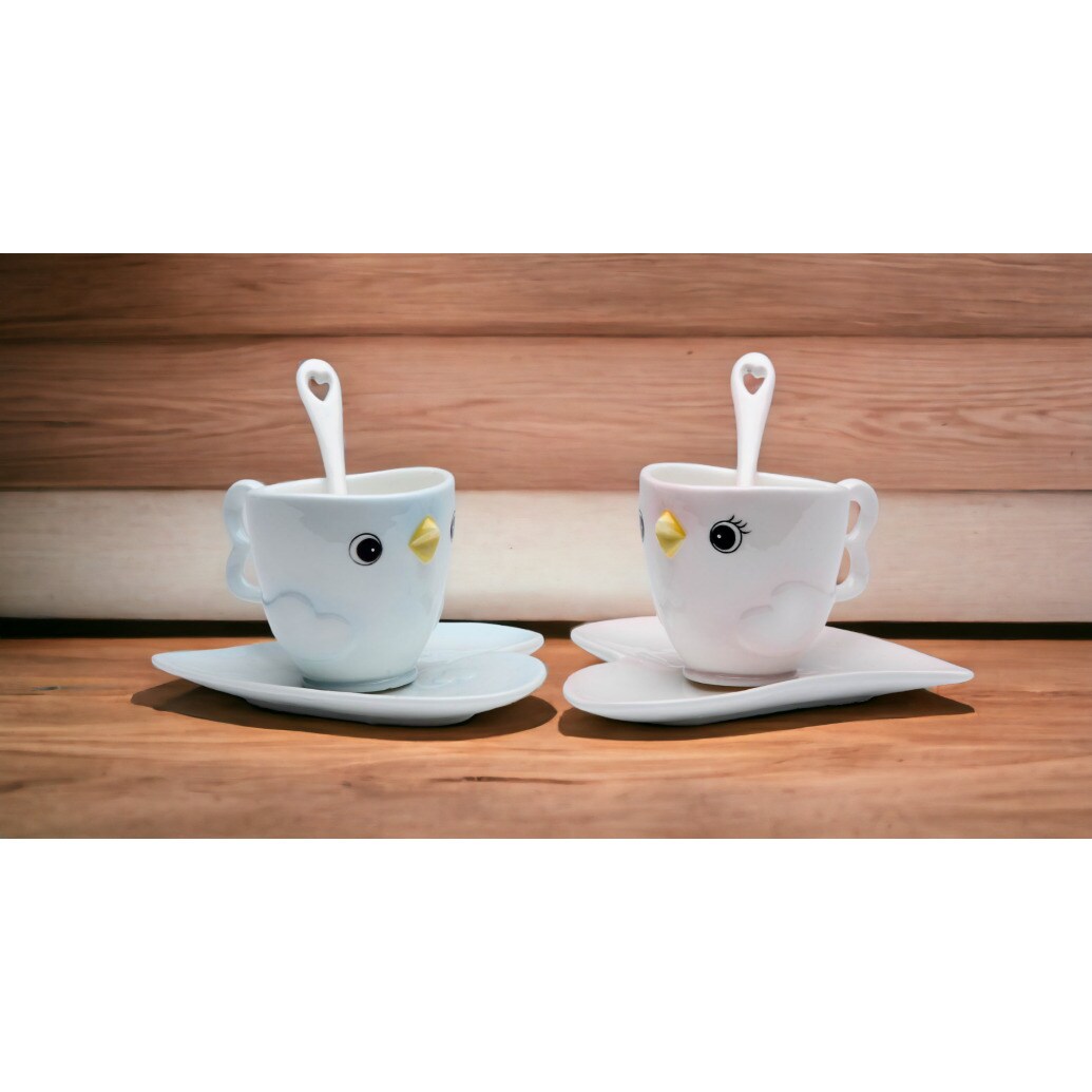 kevinsgiftshoppe Ceramic Bird Cup and Saucer and Spoon-2 Sets    Tea Party Decor Cafe Decor