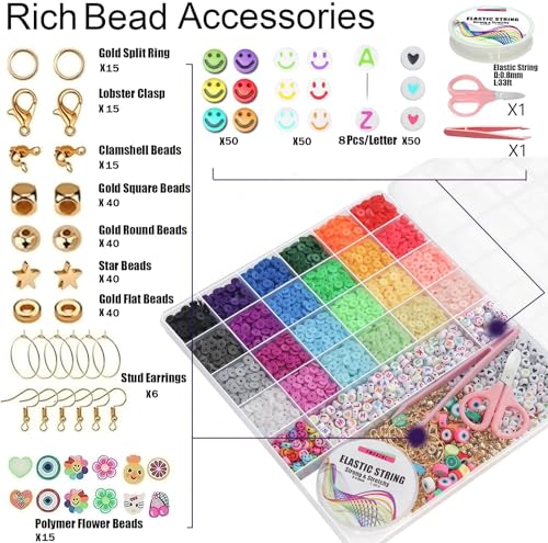 6000+PCS Clay Beads Bracelet Making Kit,24 Color Christmas Flat Preppy Beads for Friendship Jewelry Making,Polymer Heishi Beads with Charms Gifts for Teen Girls Crafts for 8-12