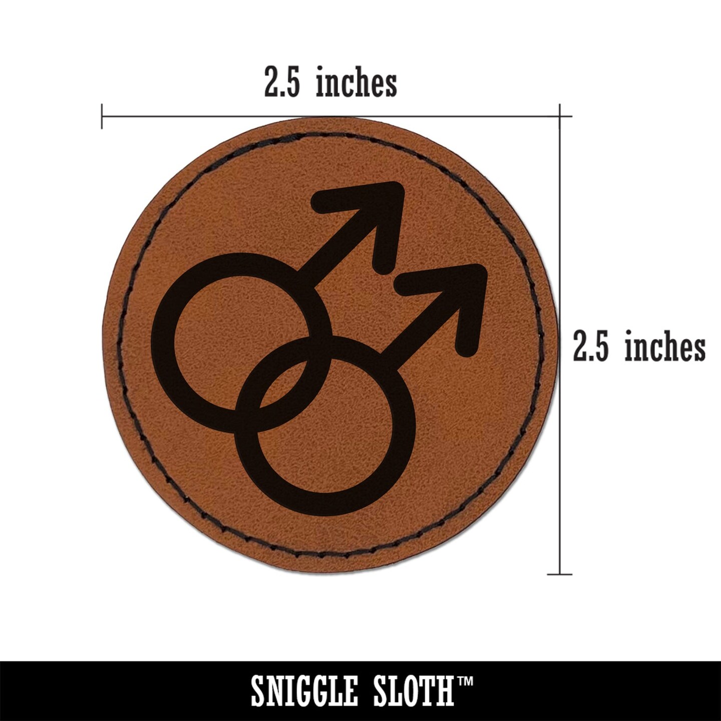 Doubled Male Sign Gay Gender Symbol Round Iron-On Engraved Faux Leather Patch Applique - 2.5&#x22;