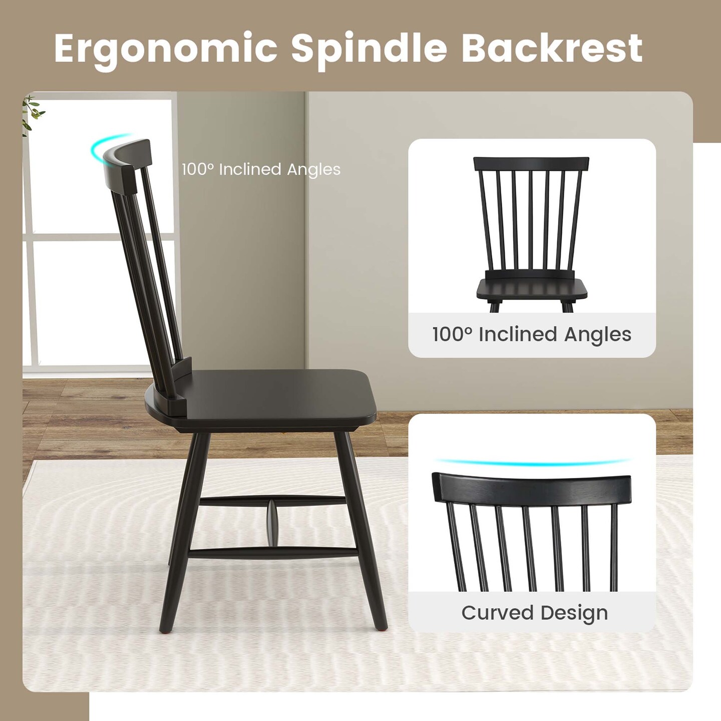 Costway Windsor Dining Chairs Set of 2 Armless Spindle Back Solid Rubber Wood Black/Natural