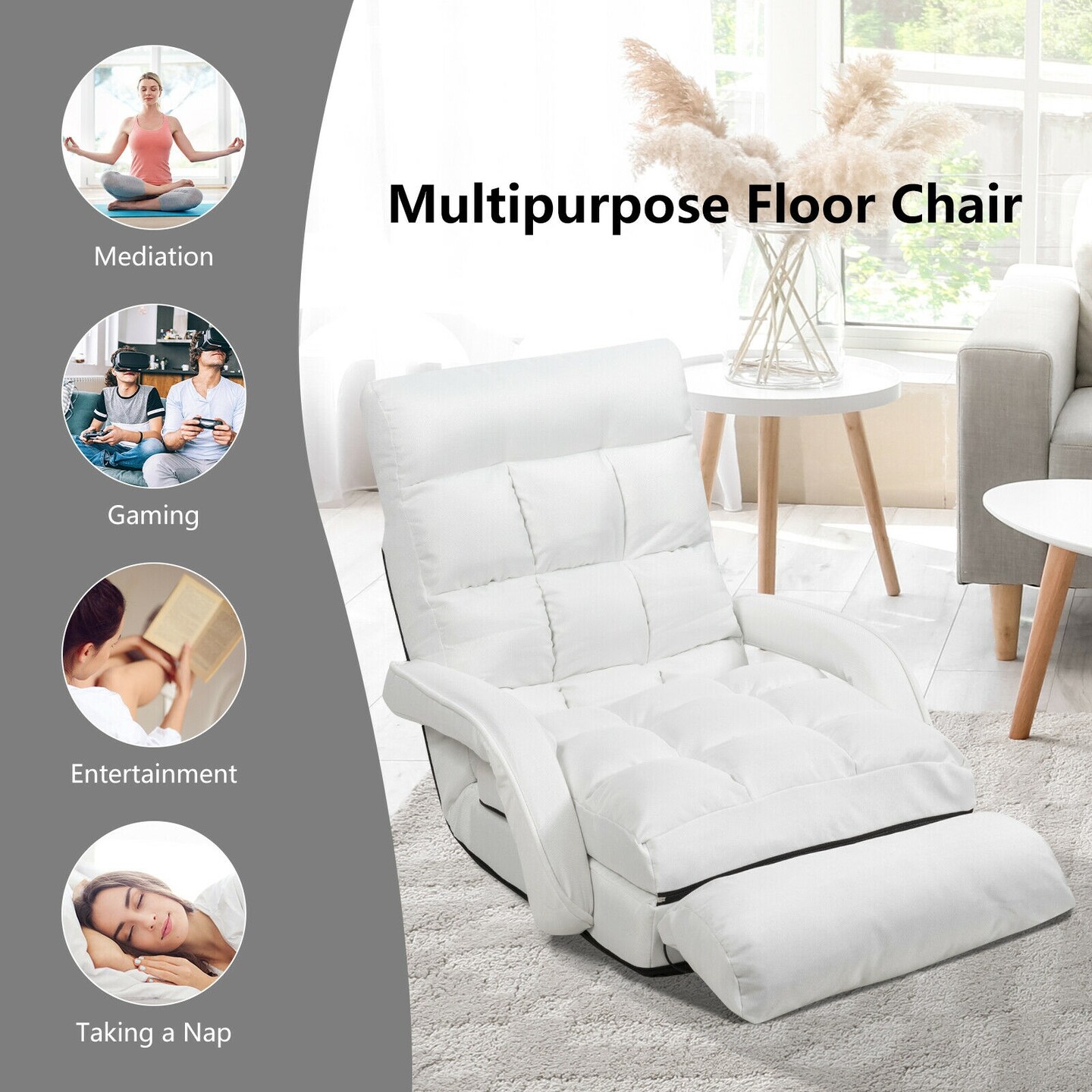 Multi-Position Adjustable Floor Armchair with Lumbar Pillow and Removable Cushion
