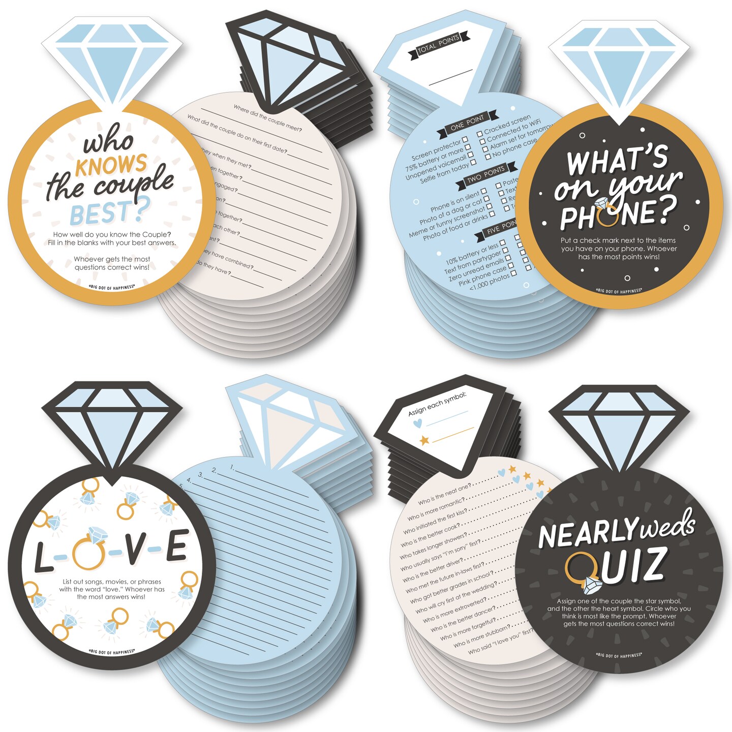 Big Dot of Happiness Just Engaged - Black and White - 4 Engagement Party Games - 10 Cards Each - Gamerific Bundle