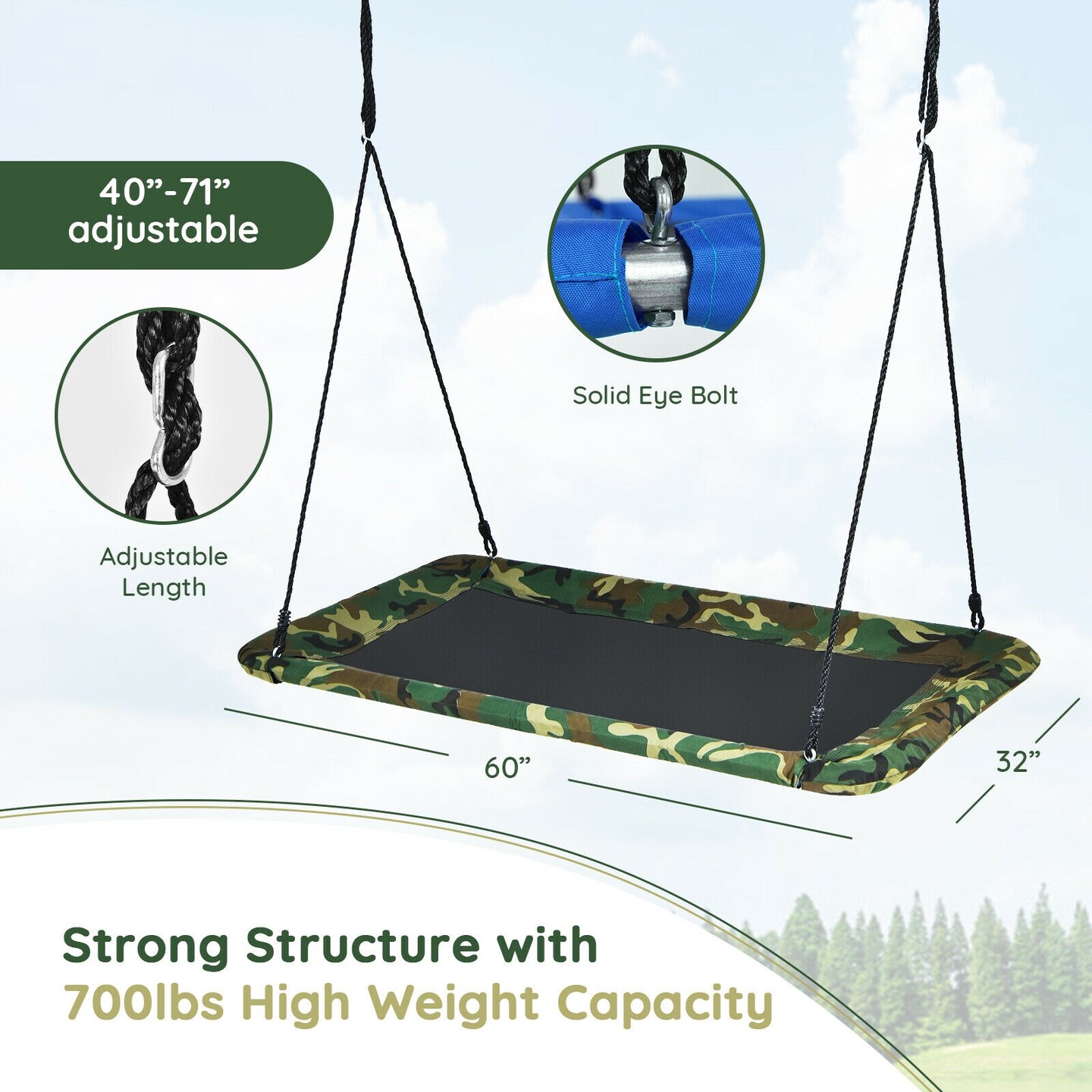 60 Inches Platform Tree Swing Outdoor with  2 Hanging Straps