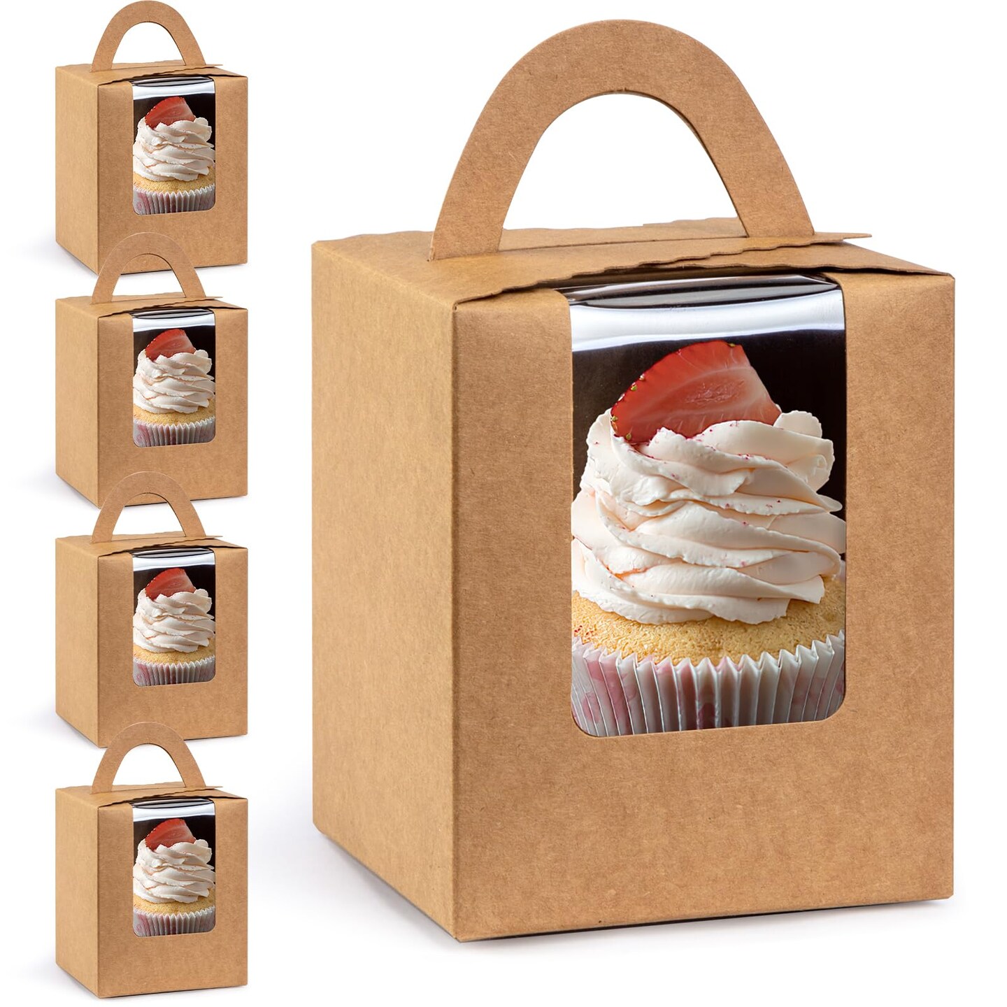 VGOODALL 60PCS Kraft Cupcake Boxes, Cupcake Carrier with Window Insert and Handle Kraft Pastry Containers Muffins Cupcake Carriers for Bakery Wrapping Party Favor Packing
