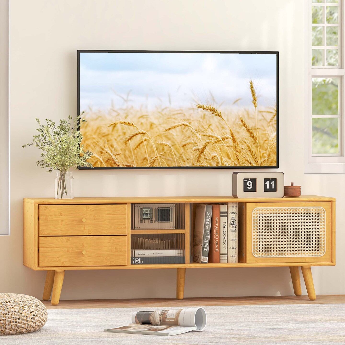 Costway Bamboo TV Stand Console Table with PE Rattan Door & 2 Drawers for TV up to 65" Brown/Natural