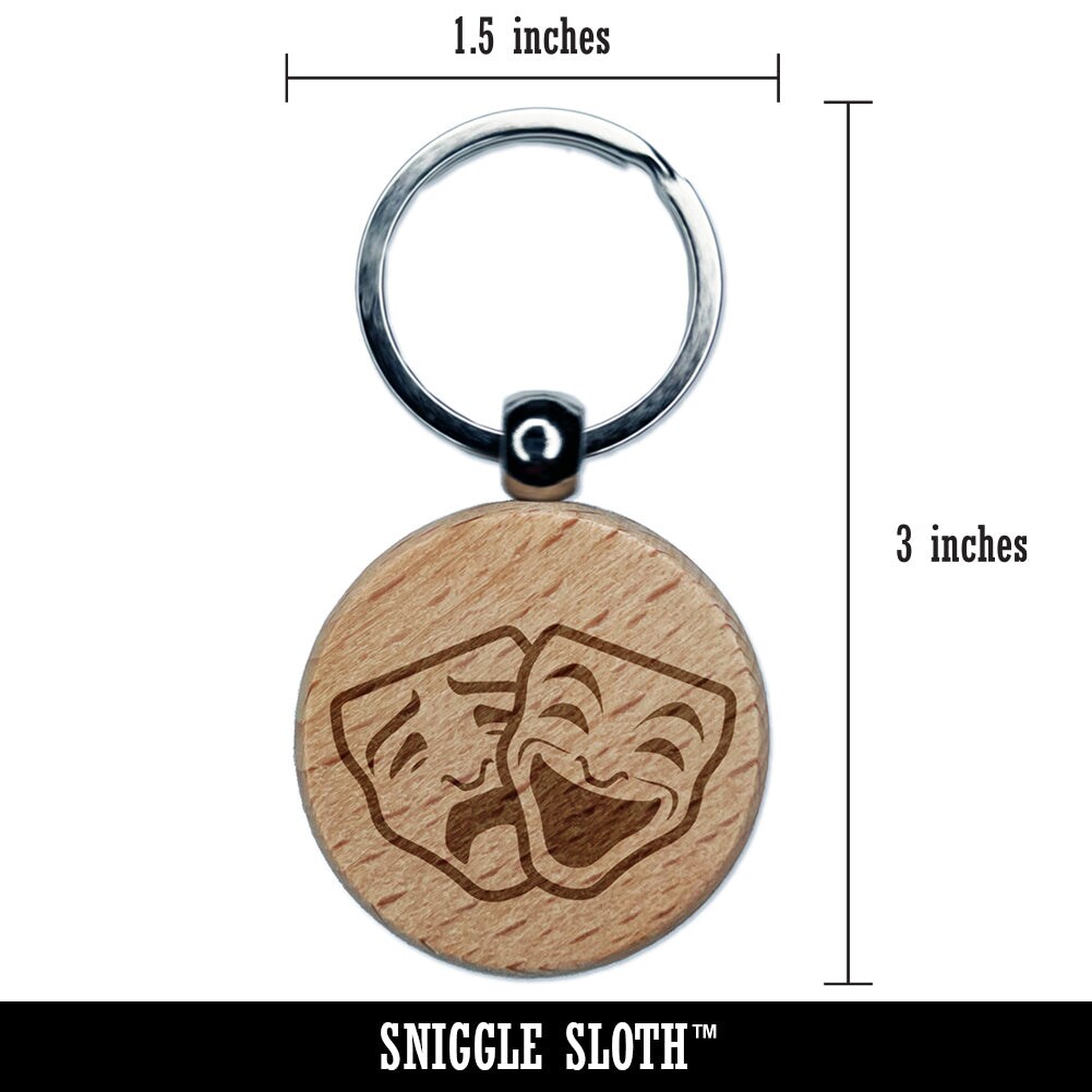 Drama Tragedy Comedy Masks Theater Engraved Wood Round Keychain Tag Charm