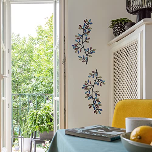 2 PCS Metal Tree Leaf Wall Decor Vine Olive Branch Leaf Wall Art Wrought Iron Scroll Sculptures Above The Bed, Living Room, Outdoor Decoration (Bright Color)