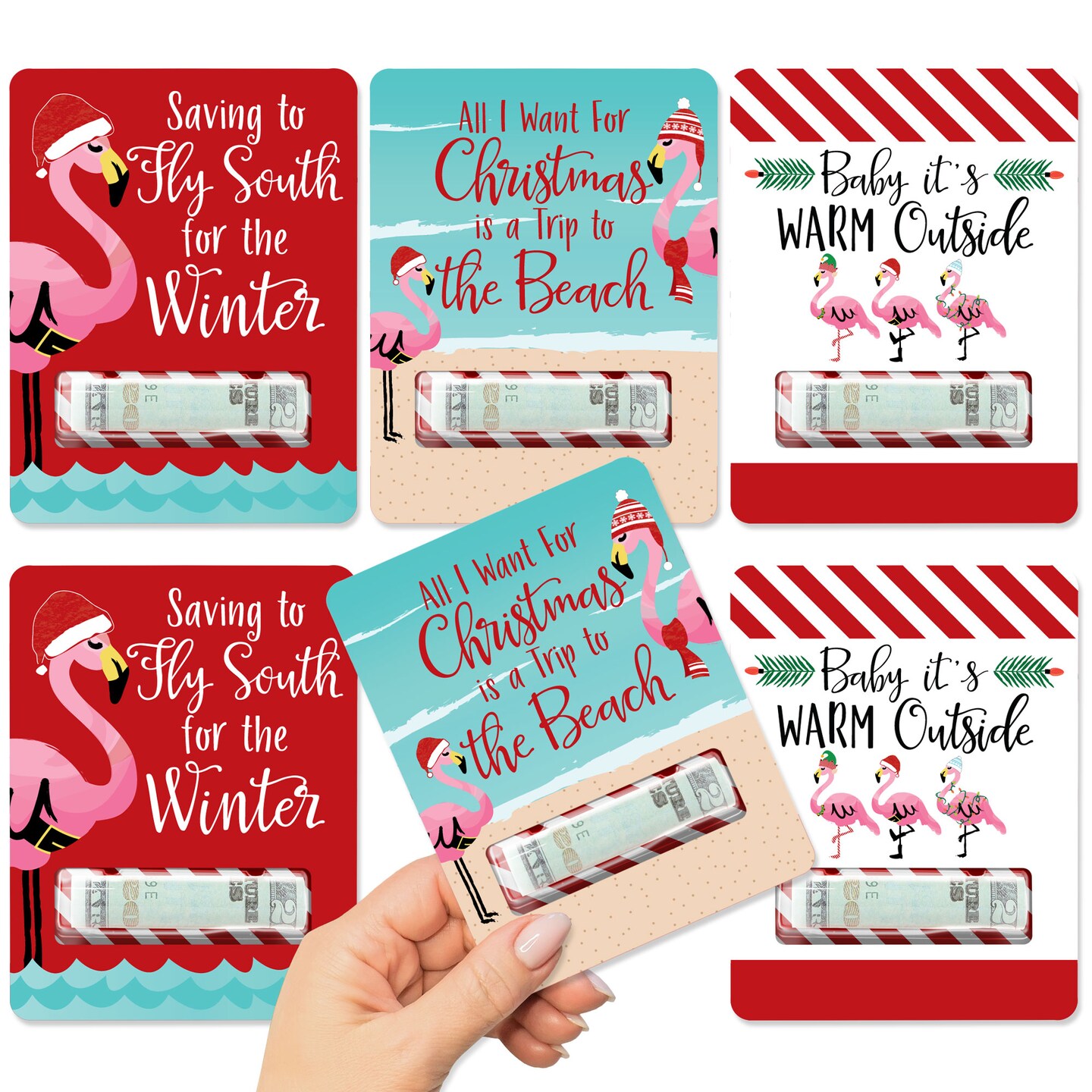 Big Dot of Happiness Flamingle Bells DIY Assorted Tropical Christmas Party Cash Holder Gift Funny Money Cards Set of 6
