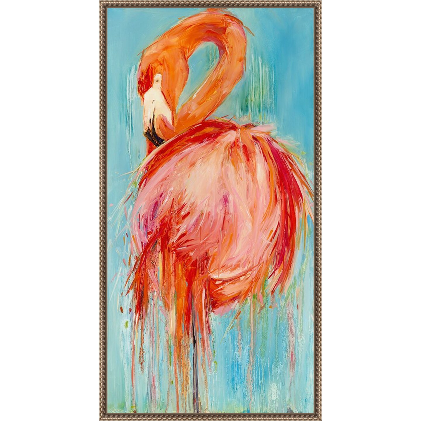 Flamingo Pose by Kathleen Broaderick 14-in. W x 27-in. H. Canvas Wall Art Print Framed in Bronze
