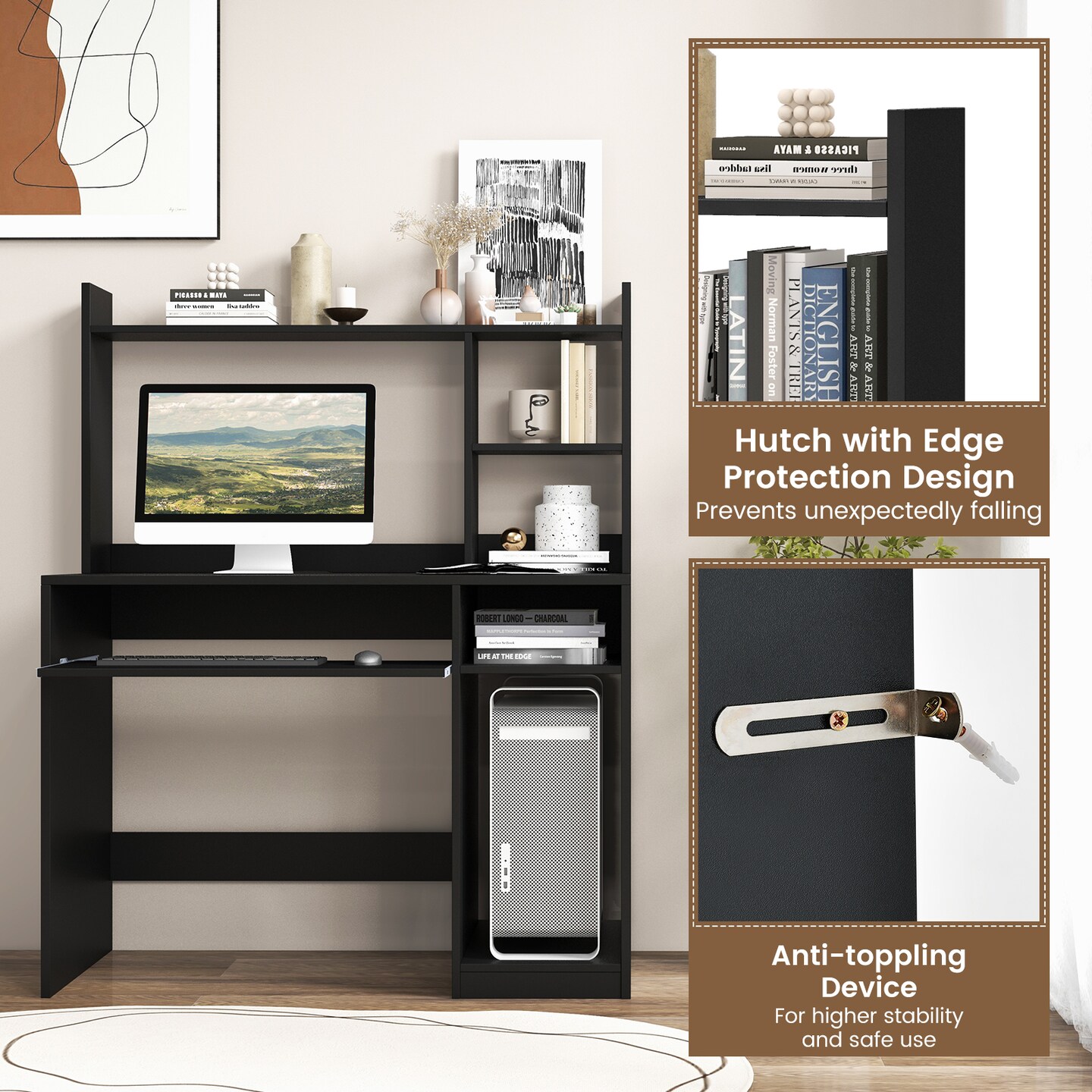Costway Computer Desk Study Bookcase Workstation with Charging Station Hutch &#x26; CPU Stand