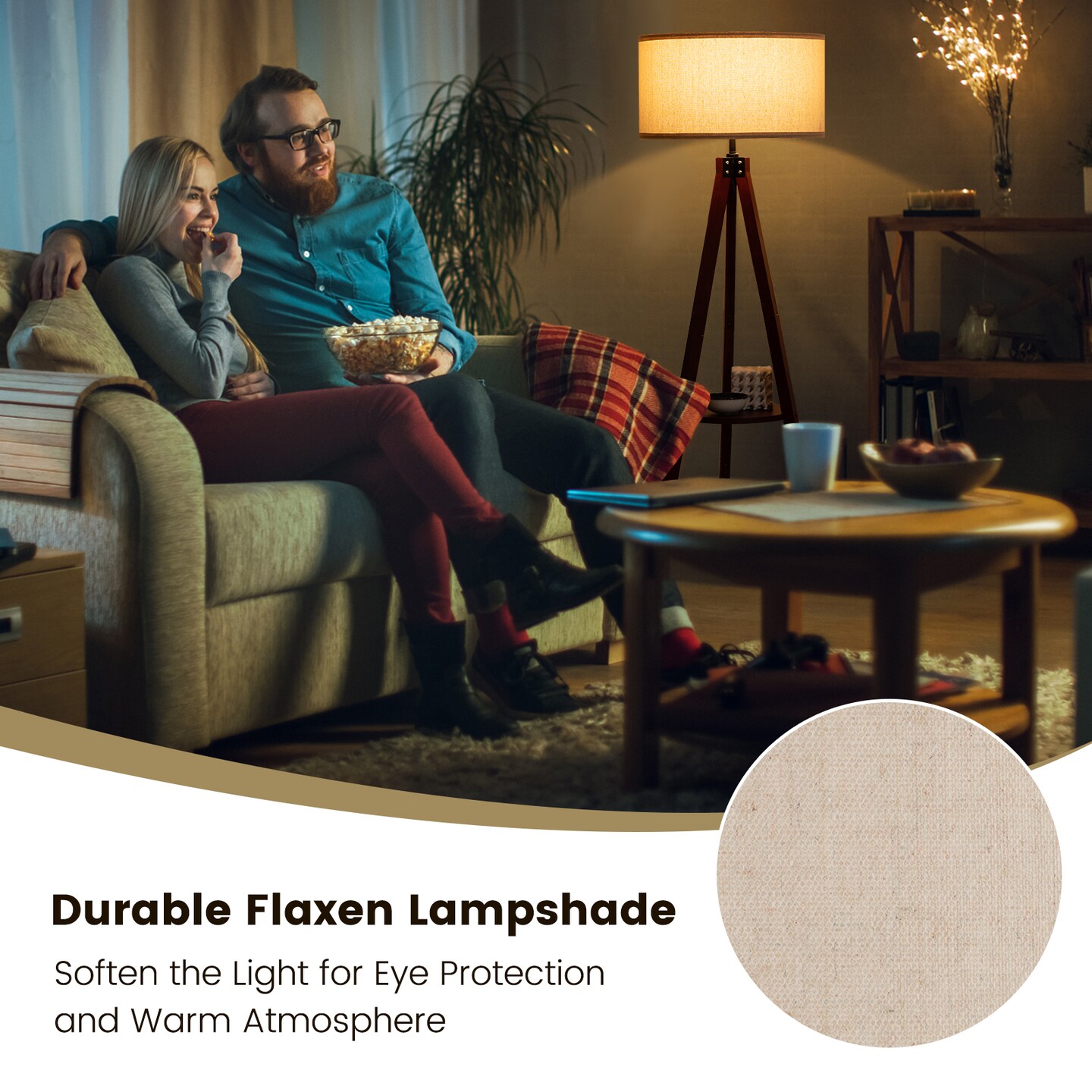 Brown Rubber Wood Linen Tripod Floor Lamp with Shelf and E26 Socket for Living Room and Bedroom