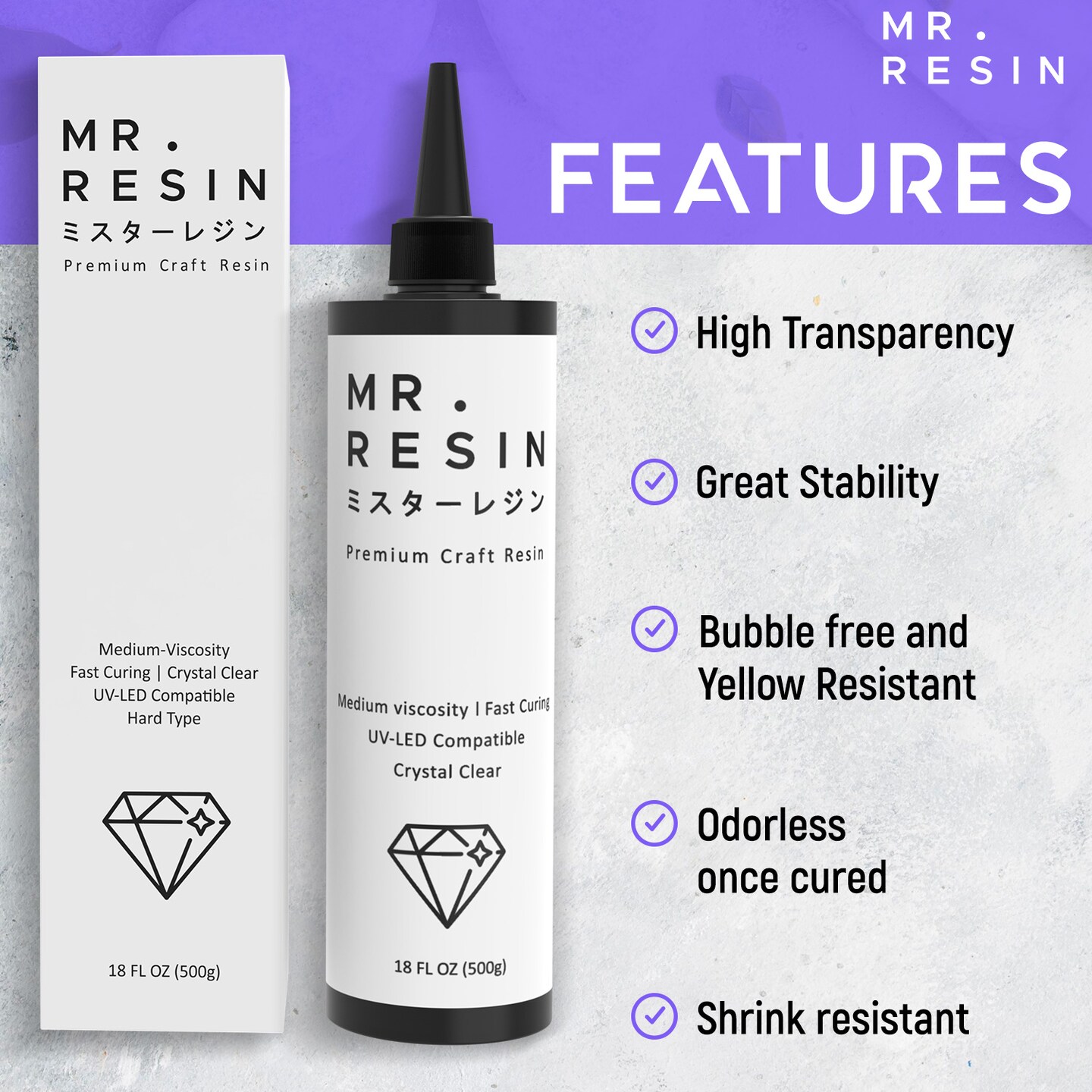 Mr.Resin&#x2122; Original Craft UV Resin 17.6oz (500g) Crystal Clear Hard Type UV Resin for Jewelry Making, Rock Painting &#x26; More