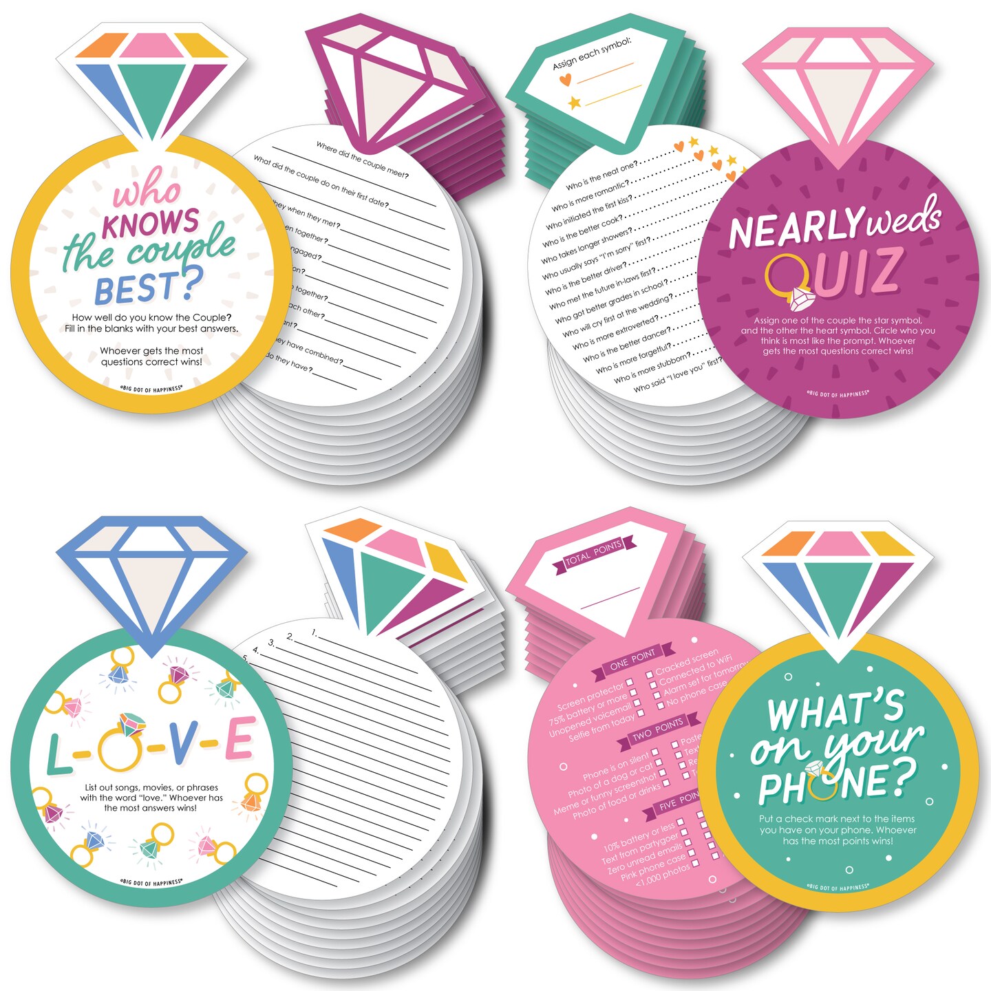 Big Dot of Happiness Just Engaged - Colorful - 4 Engagement Party Games - 10 Cards Each - Gamerific Bundle