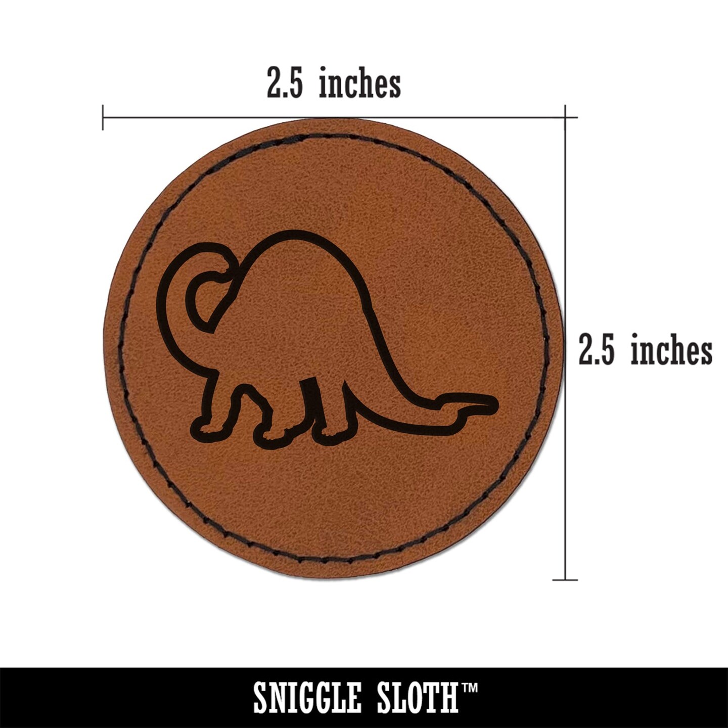 Brontosaurus Dinosaur Outline Round Iron-On Engraved Faux Leather Patch Applique - 2.5&#x22;