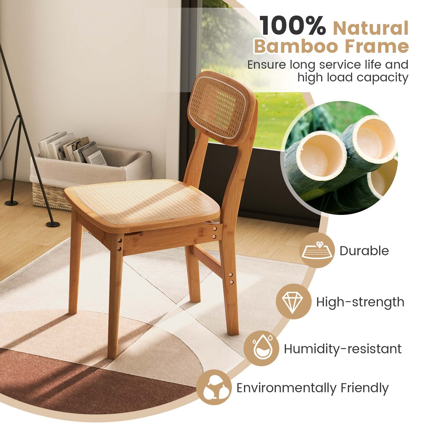 Costway Rattan Accent Chairs Set of 2 Bamboo Frame Cane Woven Backrest &Seat Dining Room