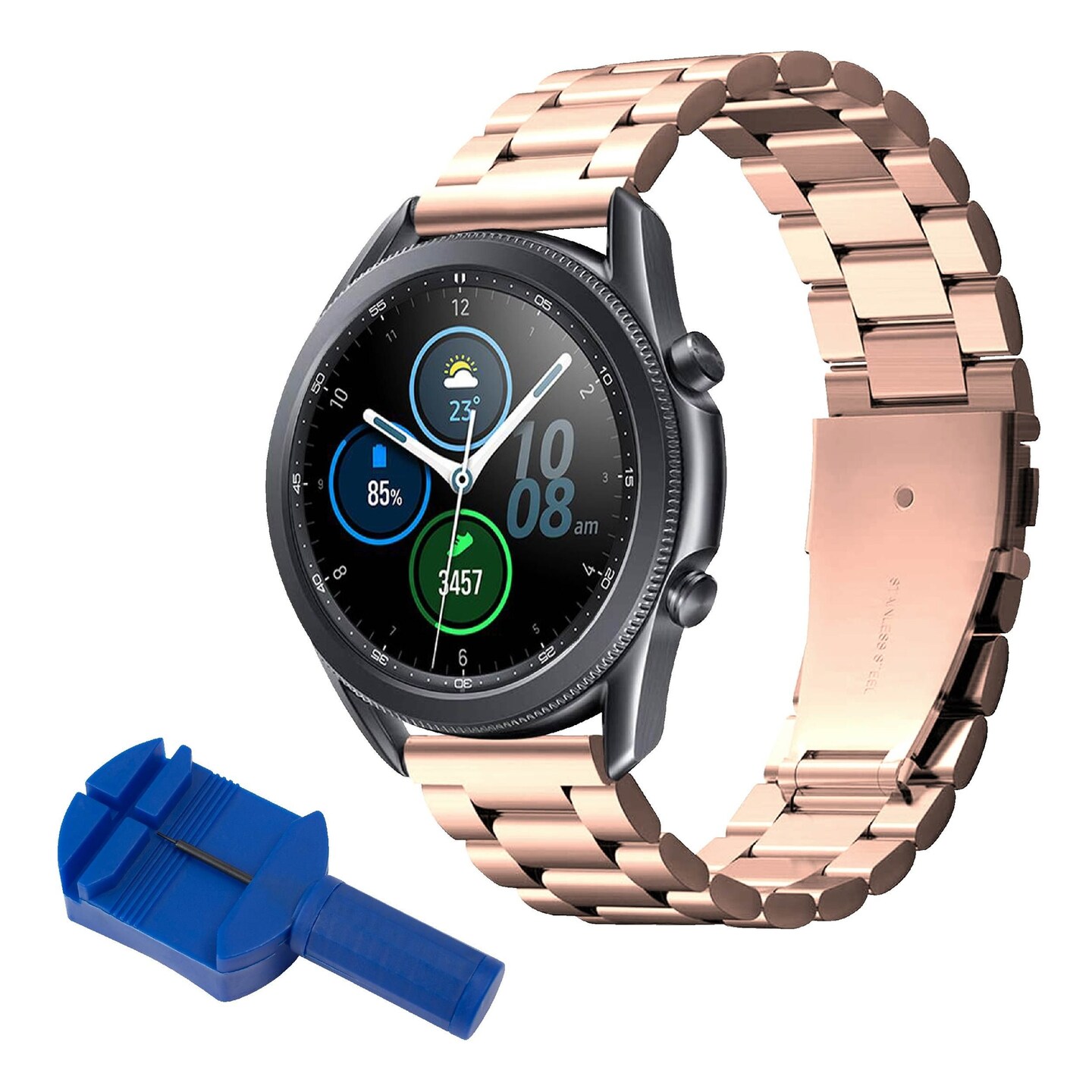 Insten Stainless Steel Metal Band For Samsung Galaxy Watch 4 40mm 44mm / Watch 4 Classic 42mm 46mm / Watch 3 41mm / Active 2, Replacement Strap with Link Adjustment Tool For Women Men, Rose Gold